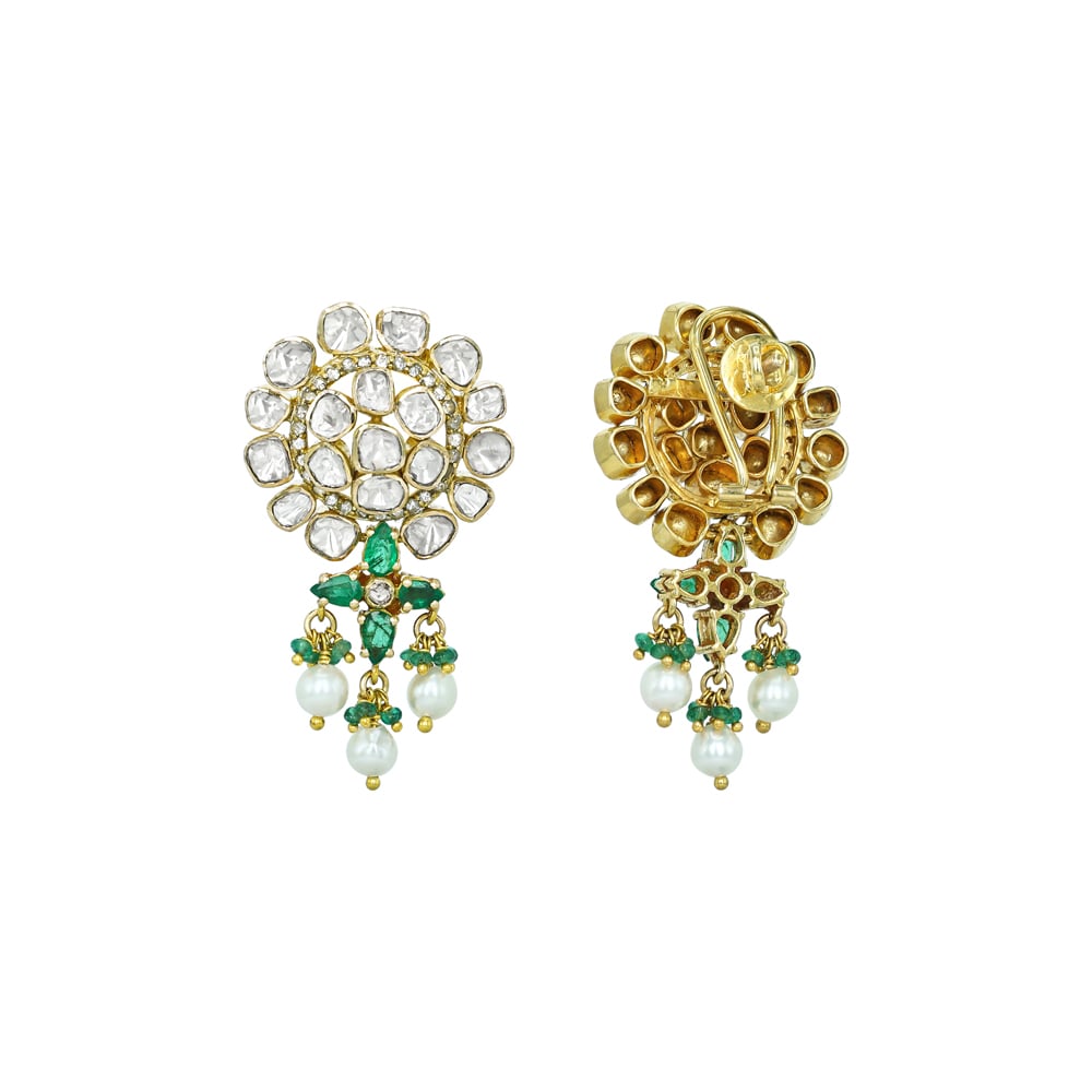 Floral Open Polki Earrings with Emerald and Pearl Drops